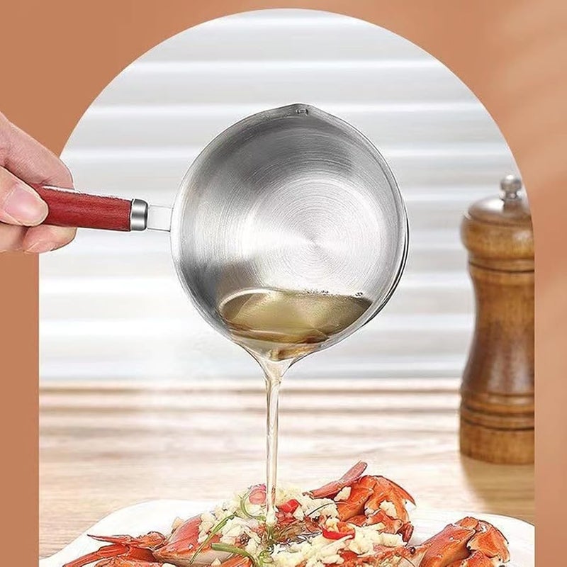 304 Stainless Steel Butter Warmer Pot With Wooden Handle 300ML Mini Milk Oil Soup Heater - Image 5